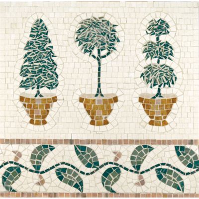 topiary mural mosaic with ivory cream, mystique, giallo reale, verde luna, moss green, and georgia peach in polished finish