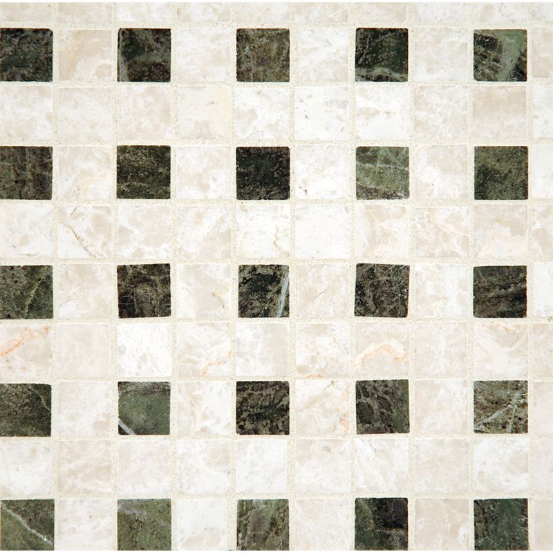 waffles mosaic in botticino with empress green dot in polished finish
