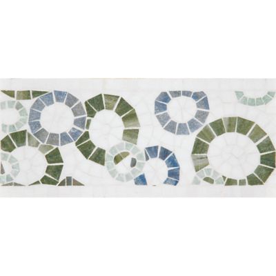 6" x 12" ring toss border mosaic with thassos standard, ming green, blue macauba, and verde luna in polished finish