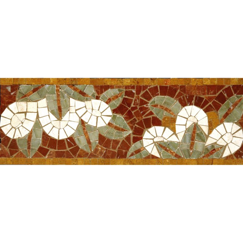 5" x 12" blossom border mosaic with aegean brown, travertine navona, verde luna, and pompeii gold in polished finish