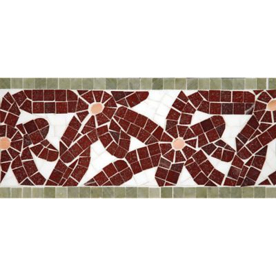 6" x 12" flower power border mosaic with thassos standard, red lake, verde luna, and rosa salmon in polished finish