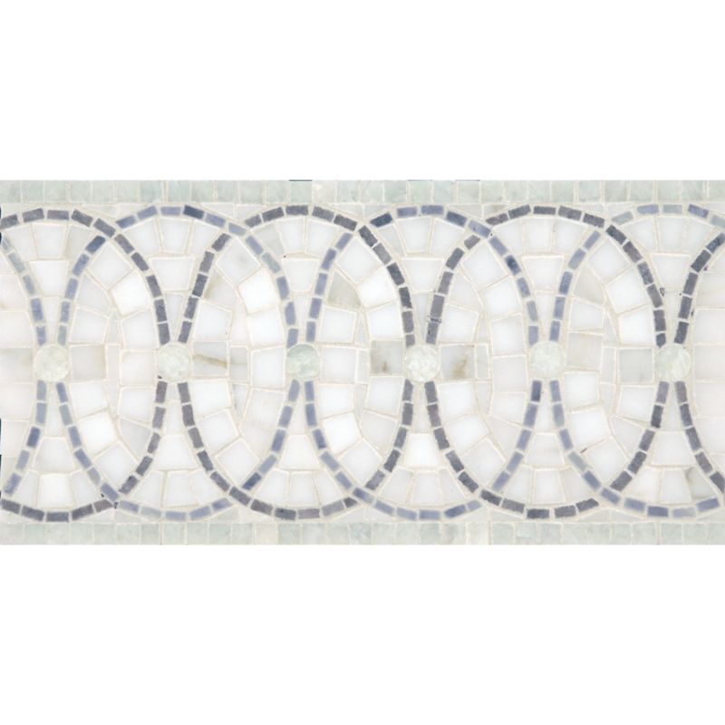 6" x 12" pinwheel border mosaic with calacatta gold, ming green, bardiglio, and verde luna in polished finish
