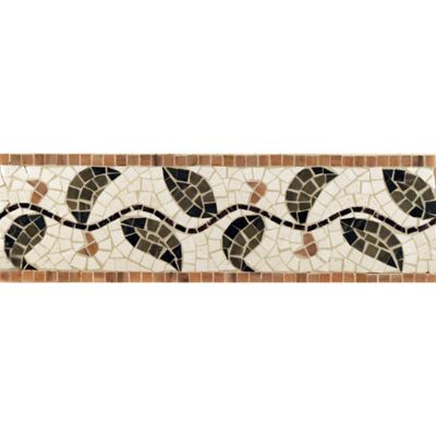 4" x 12" topiary border mosaic with ivory cream, mystique, verde luna, moss green, and georgia peach in polished finish