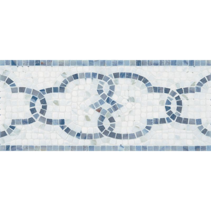 6" x 12" windsor grande border mosaic with calacatta in tumbled finish and blue macauba in polished finish