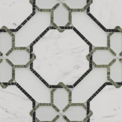 renwick grande mosaic in diamond white clear glass, diamond white frost glass, statuario in polished finish, avocado and verde dark in honed finish