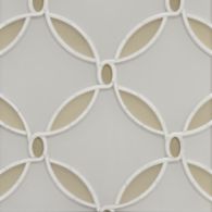 waldorf grande mosaic in moonstone white clear glass, citrine gold clear and frost glass, calacatta oro stone in honed finish