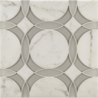 rockefeller circle medium mosaic in moonstone white frost glass, moonstone white clear glass and calacatta oro stone