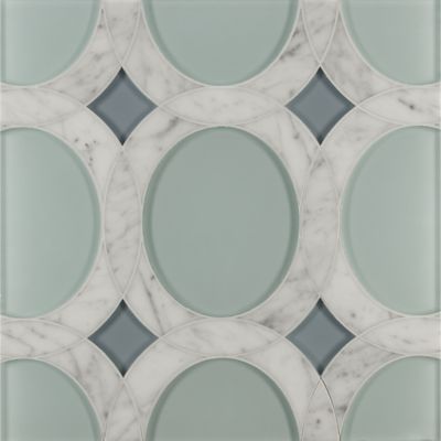 rockefeller oval medium mosaic in aquamarine blue clear glass, abalone blue clear glass and bianco carrera marble in honed finish