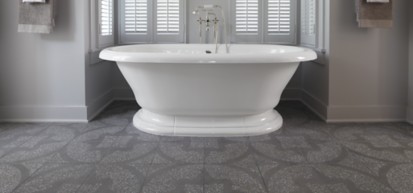 12-1/8" x 12-1/8" barcelona field in grey with white and light grey marble with KALLISTA Town Bath Set in nickel silver with handshower, cross handles, bath set floor risers, and floor riser attachment (photographer: Rich Maciejewski, designer: Phoebe Howard, shown in: Southern Living)