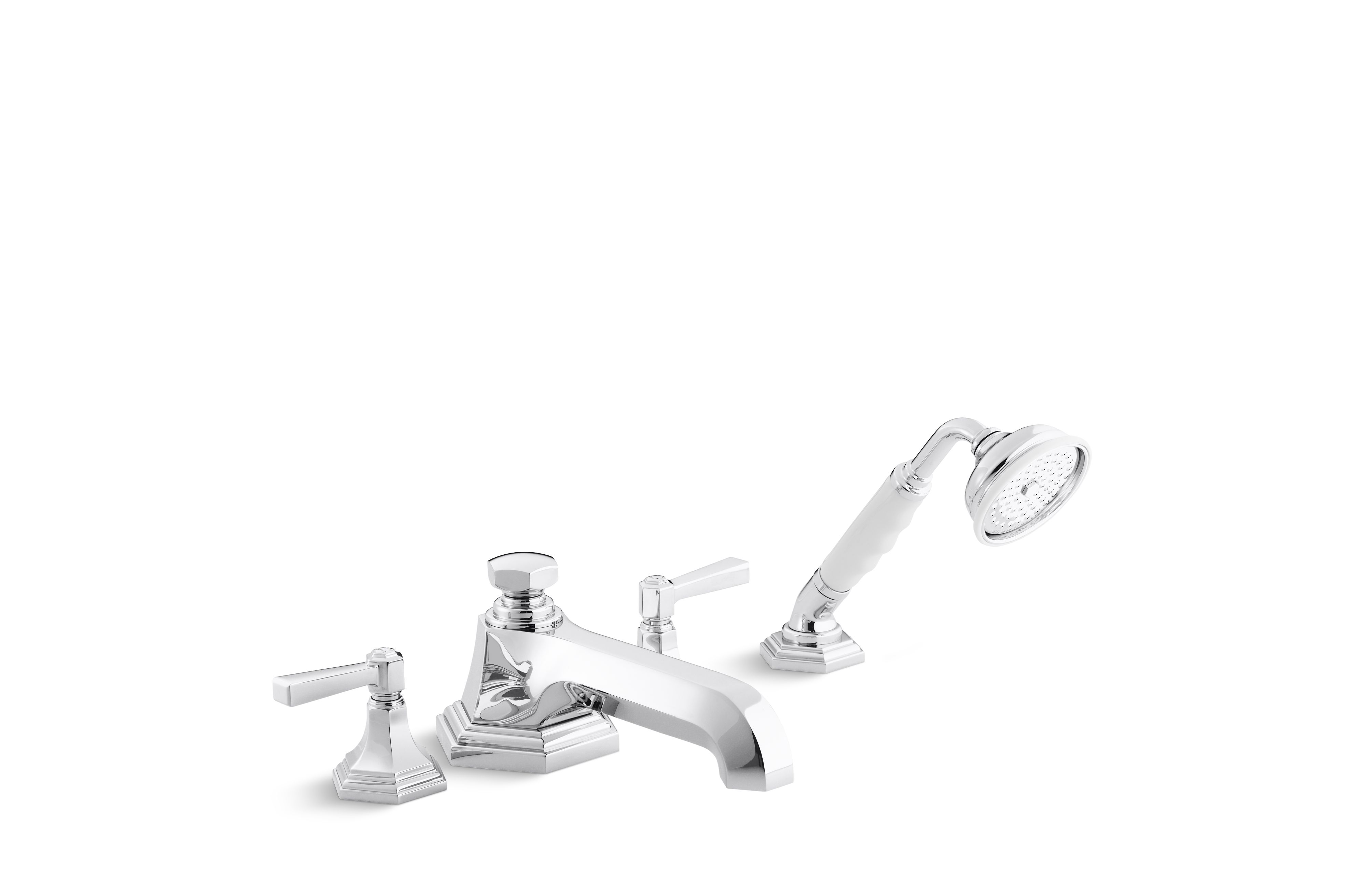 For Town — Deck-Mount Bath Faucet with Diverter and Handshower, Lever Handles