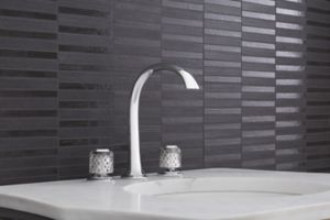 Sink faucet, arch spout, clear Saint-Louis crystal knob handles