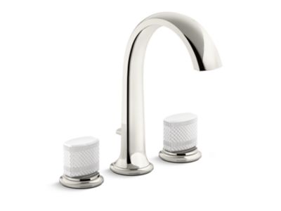 Deck-Mount Bath Faucet with Diverter, White Porcelain Knob Handles