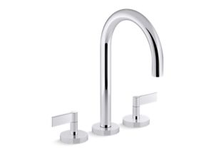 Deck-mount bath faucet, gooseneck spout, lever handles
