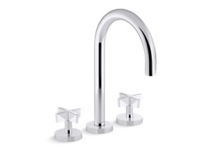 Deck-mount bath faucet, gooseneck spout, cross handles