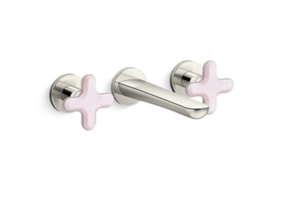Wall Mount Widespread Sink Faucet, Rose Quartz Cross Handles