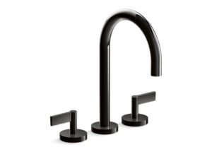 Deck-mount bath faucet, gooseneck spout, lever handles