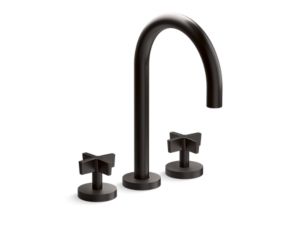 Deck-mount bath faucet, gooseneck spout, cross handles