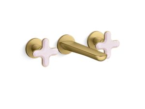 Wall Mount Widespread Sink Faucet, Rose Quartz Cross Handles