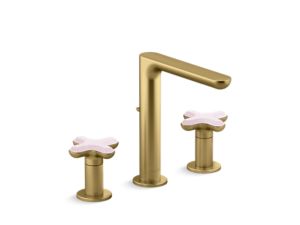 Widespread Sink Faucet, Tall Spout, Rose Quartz Cross Handles