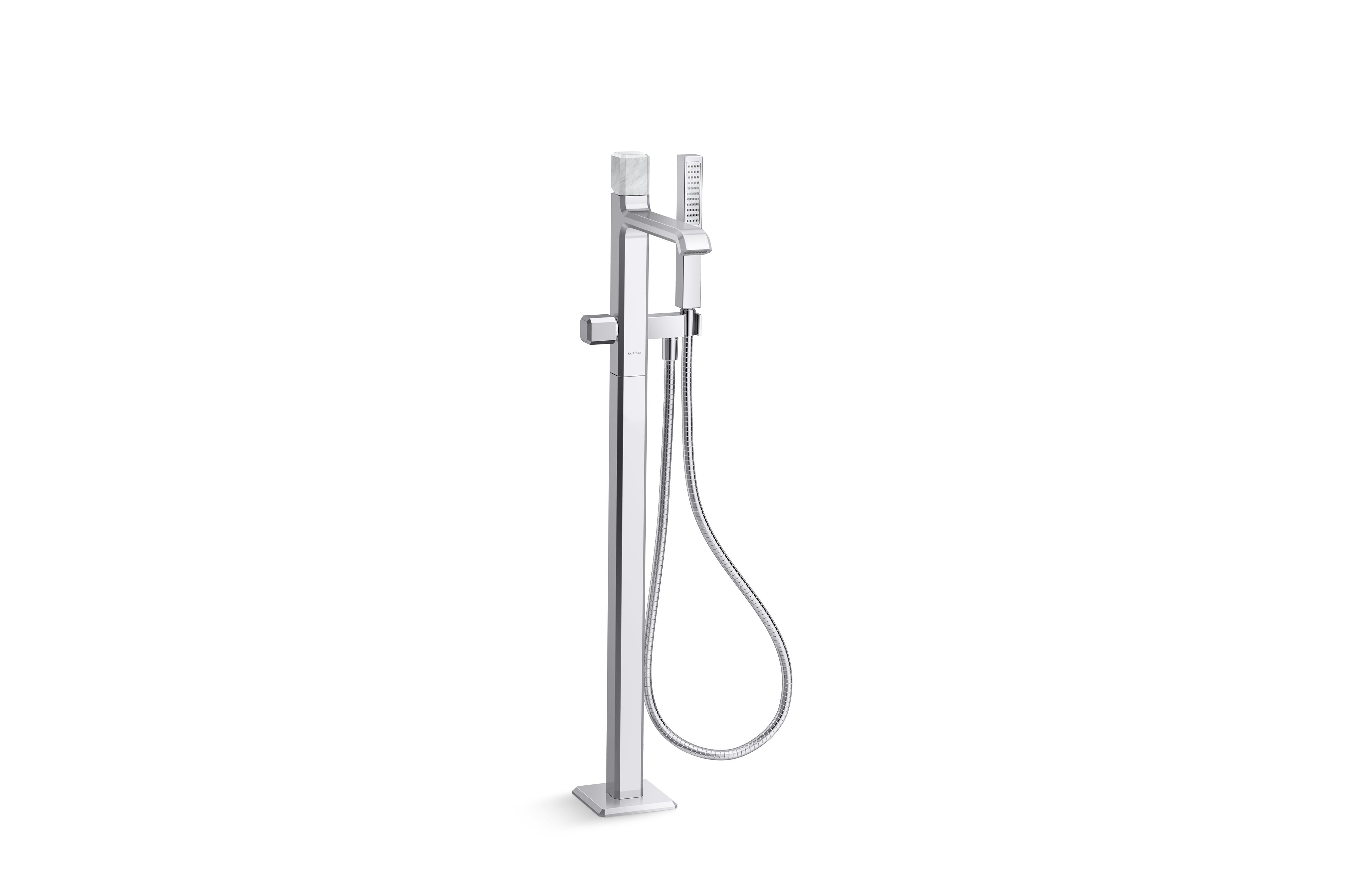 Bezel™ — Freestanding Bath Faucet with Handshower, White Carrara Handle