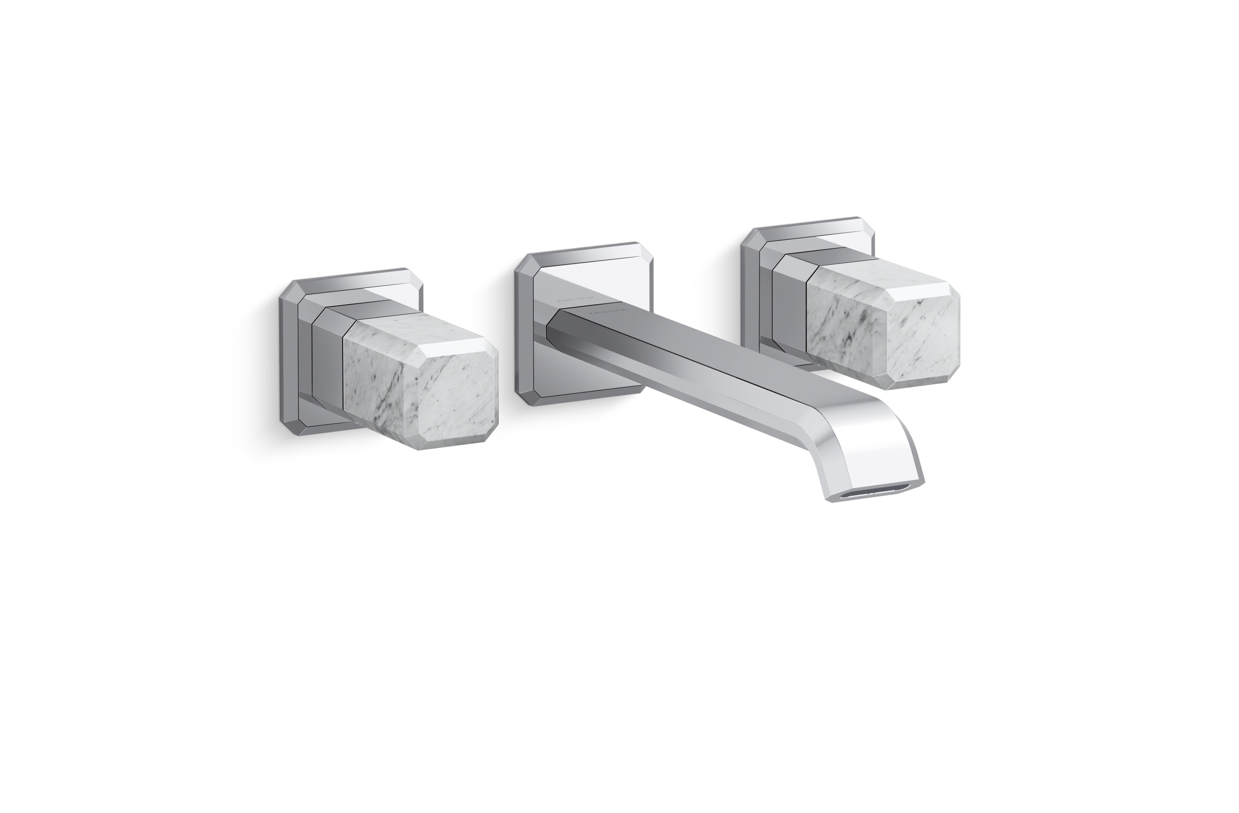 Bezel™ — Wall Mount Widespread Sink Faucet, Elongated Spout, White Carrara Handles