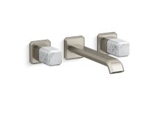 Bezel™ Wall Mount Widespread Sink Faucet, Elongated Spout, White Carrara Handles