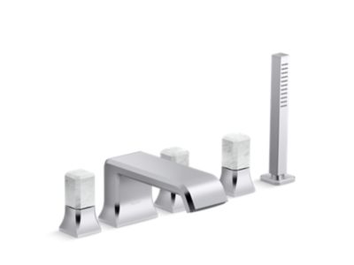 Deckmount Bath Faucet with Diverter and Handshower, White Carrara Stone