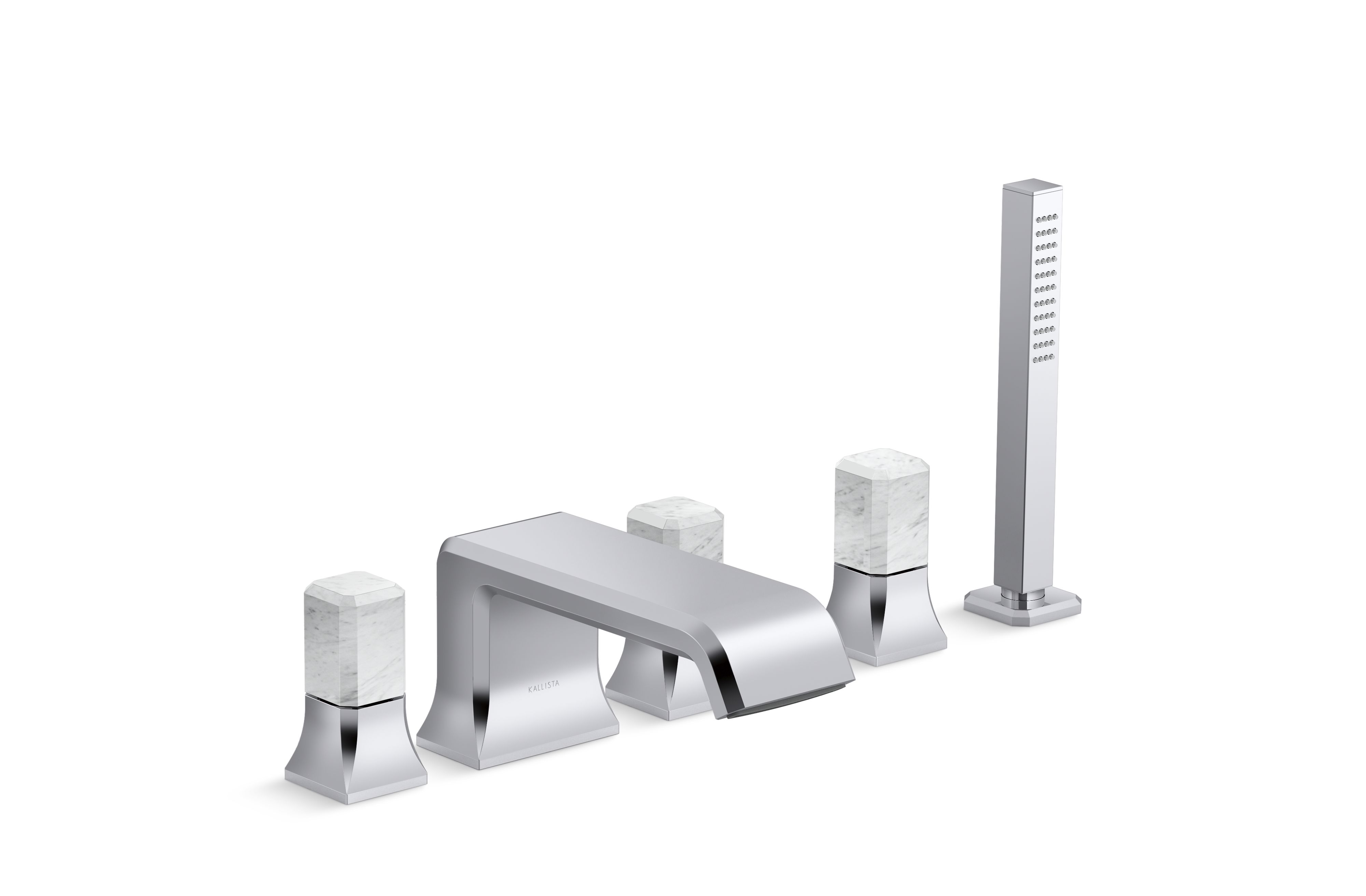 Bezel™ — Deckmount Bath Faucet with Handshower and Diverter, White Carrara Handles