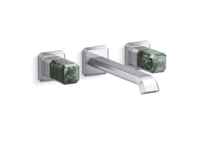 Wall Mount Widespread Sink Faucet, Elongated Spout, Guatemala Stone Handles