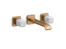 Bezel™ Wall Mount Widespread Sink Faucet, Elongated Spout, White Carrara Handles