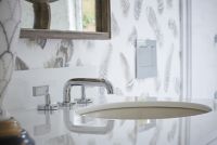 Sink faucet, low spout, white Carrara handles 10