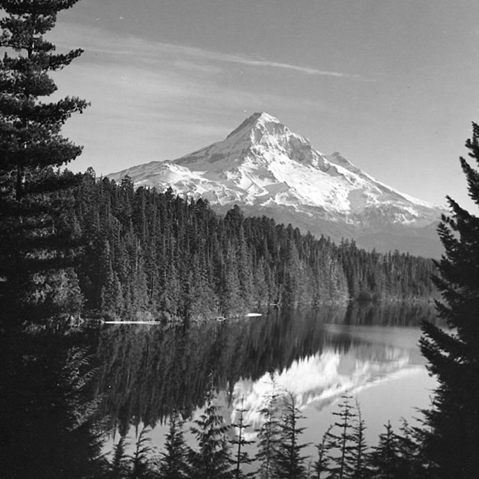 A calm lake surrounded by pine trees with Mount Hood in the background and reflected on the water surface.