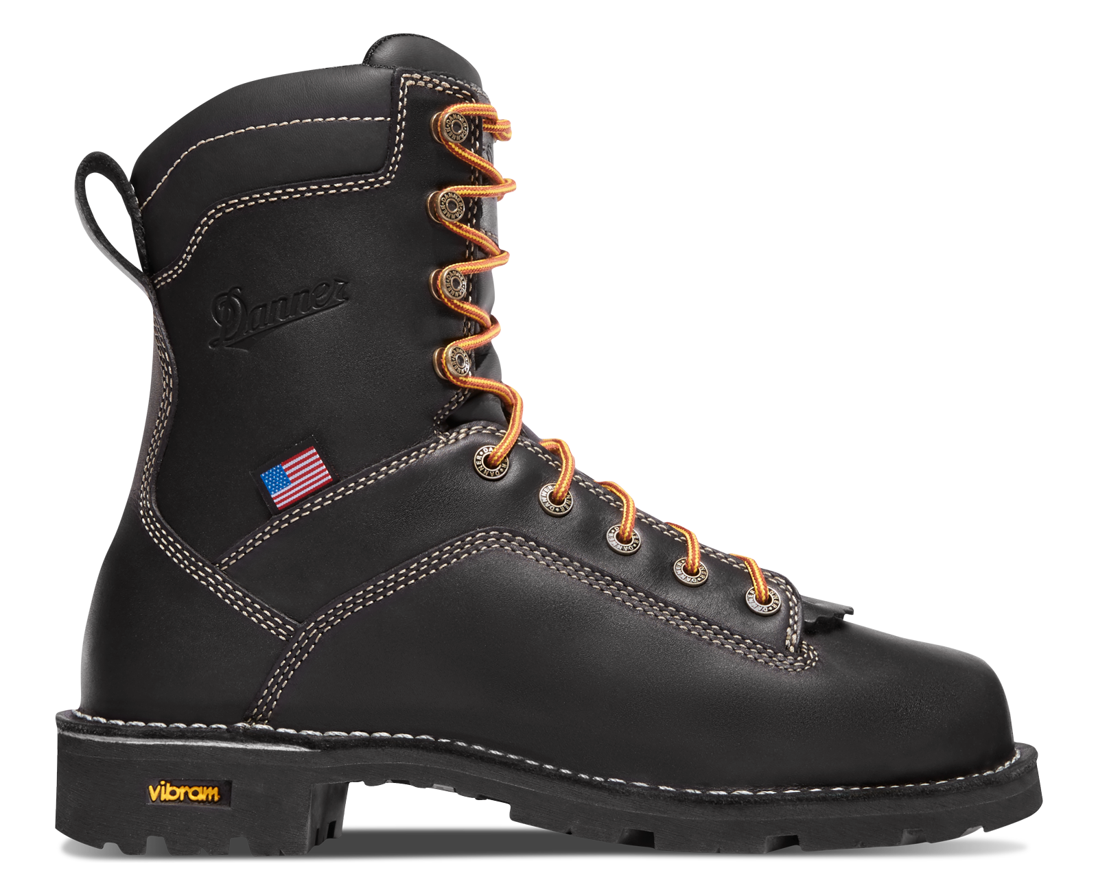 Quarry USA black work boot with white stitching and an American flag