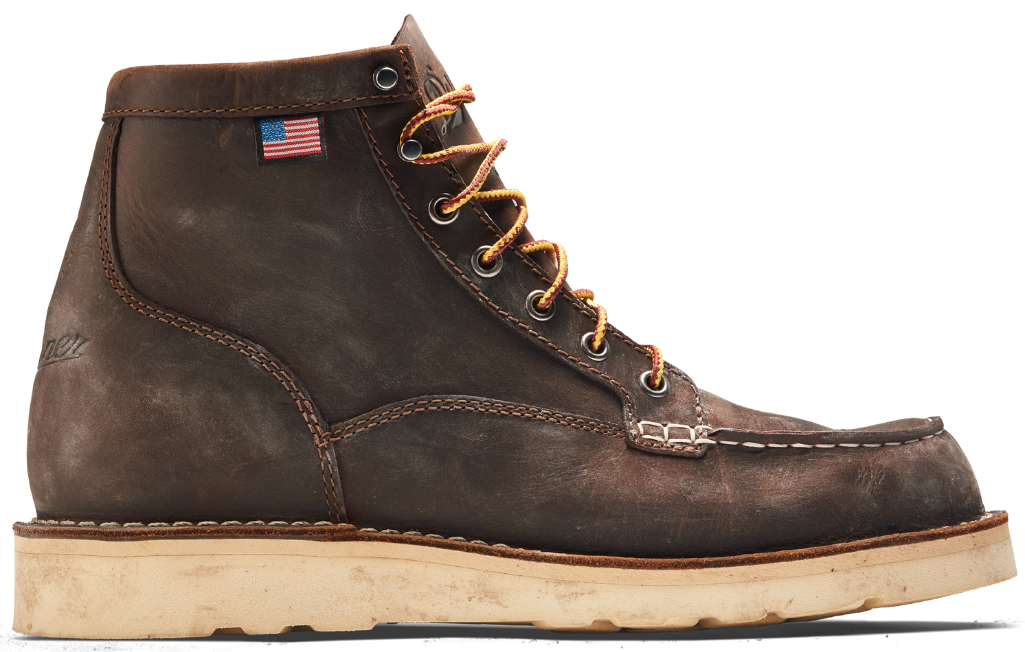 six inch dark brown leather work boot with a mock toe, yellow and dark red laces, and a white outsole