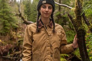 a woman faces the camera while walking through the forest wearing a tan waxed canvas jacket