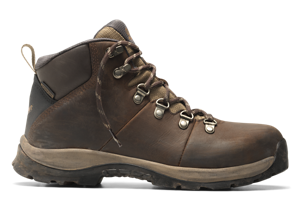 A dark brown leather boot shown in profile with some dirt showing on the light gray midsole and black outsole.