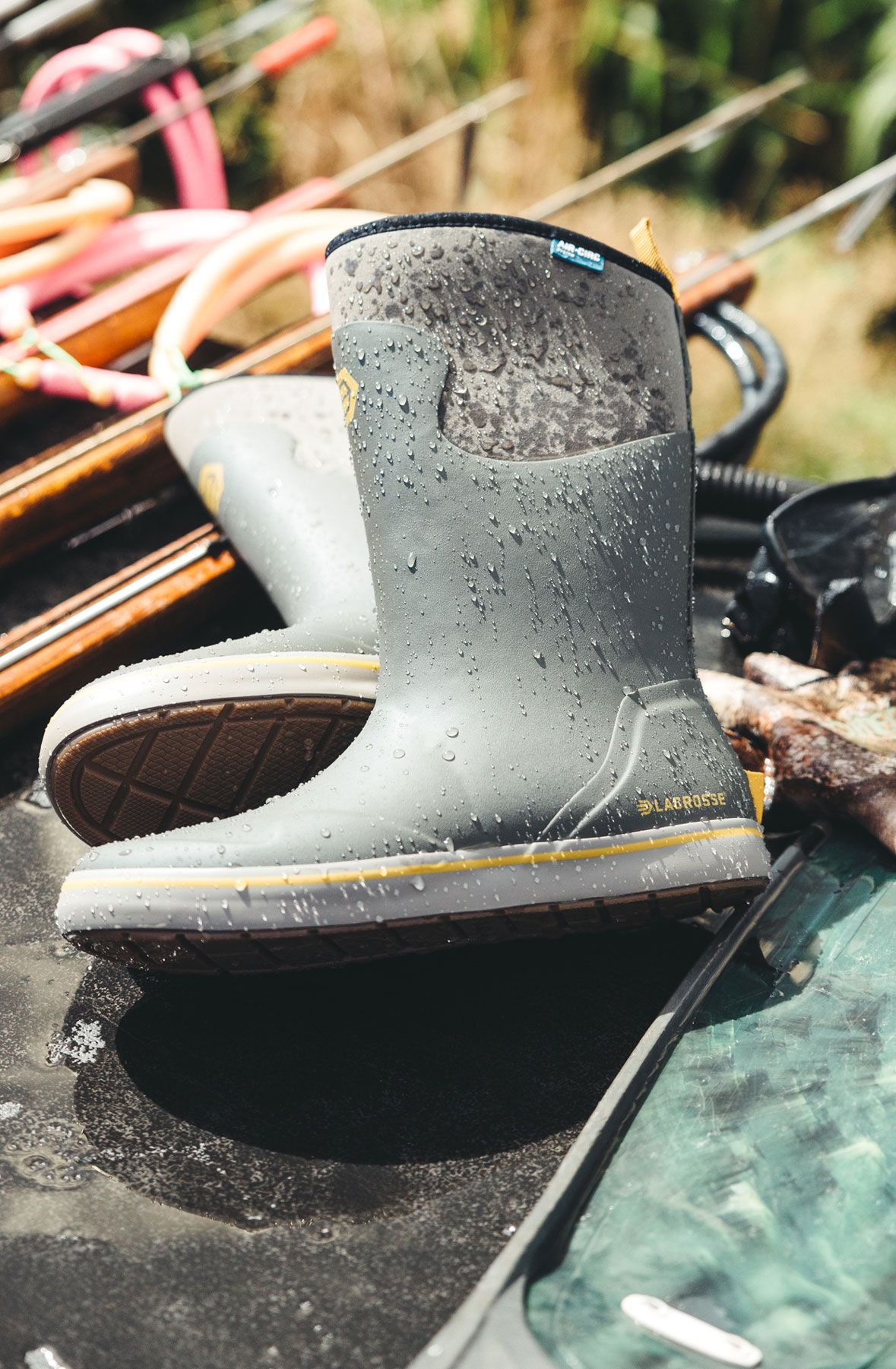 A rubber boot and other hunting gear