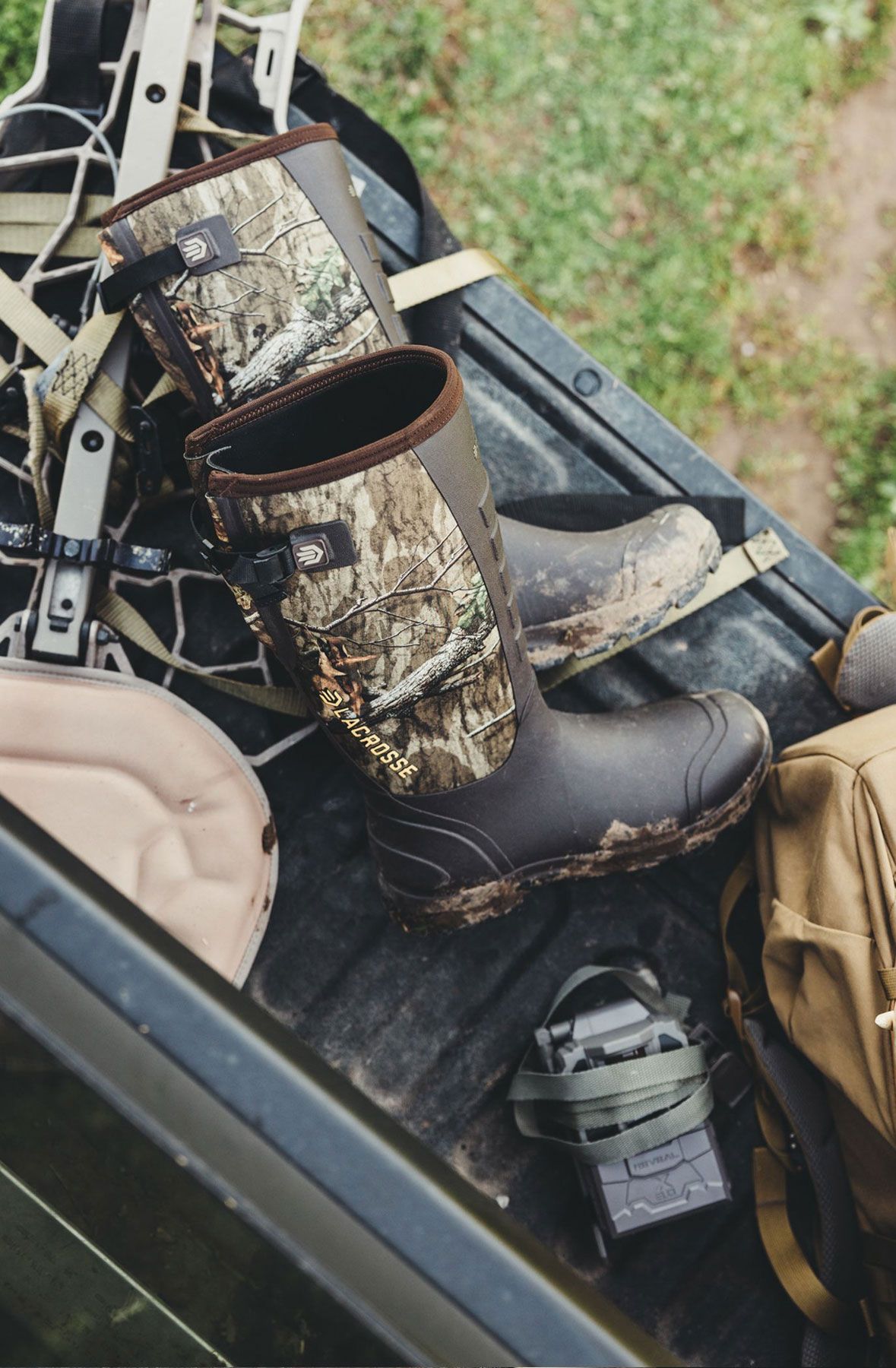A rubber boot and other hunting gear
