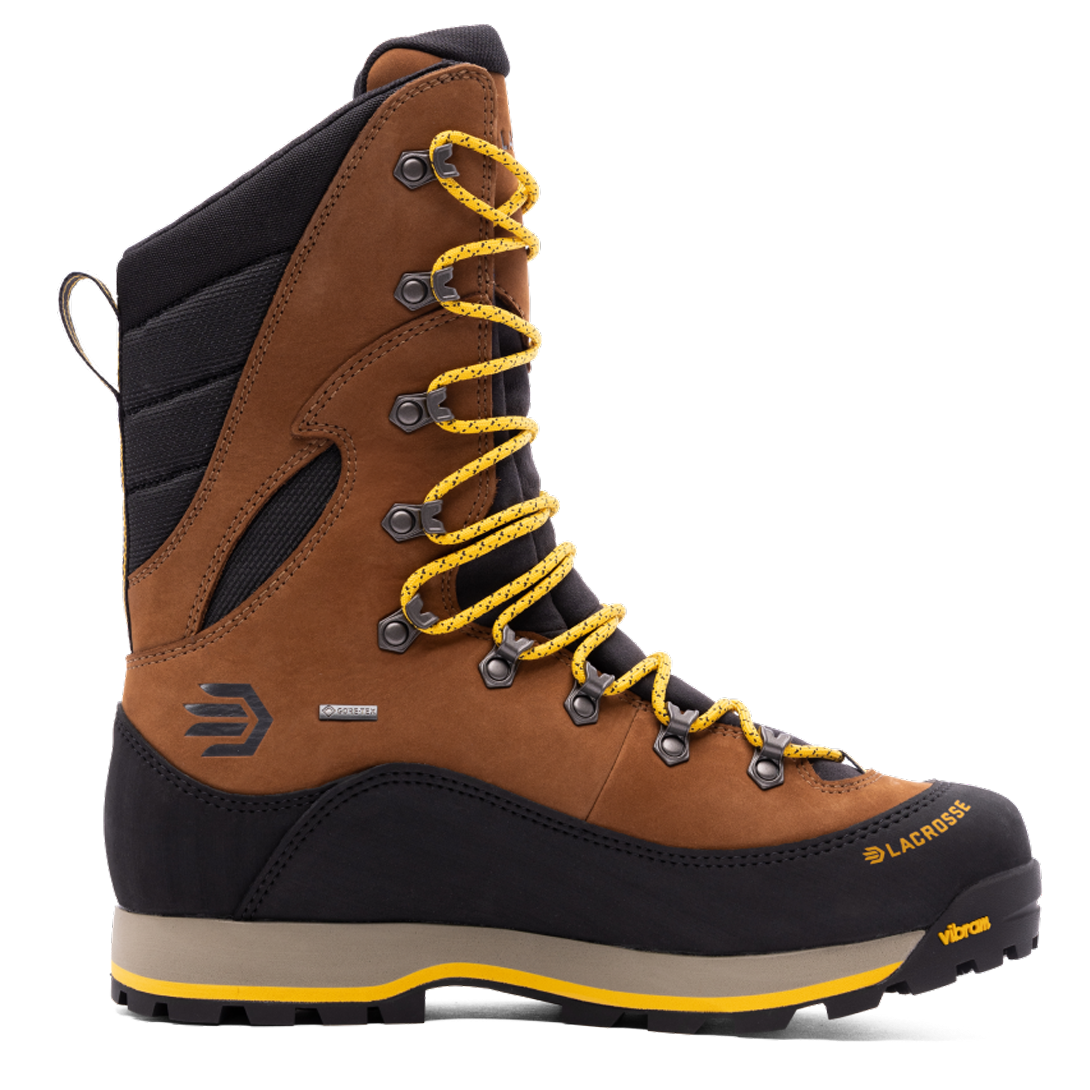 profile image of a grey hunting boot with an orange midsole.