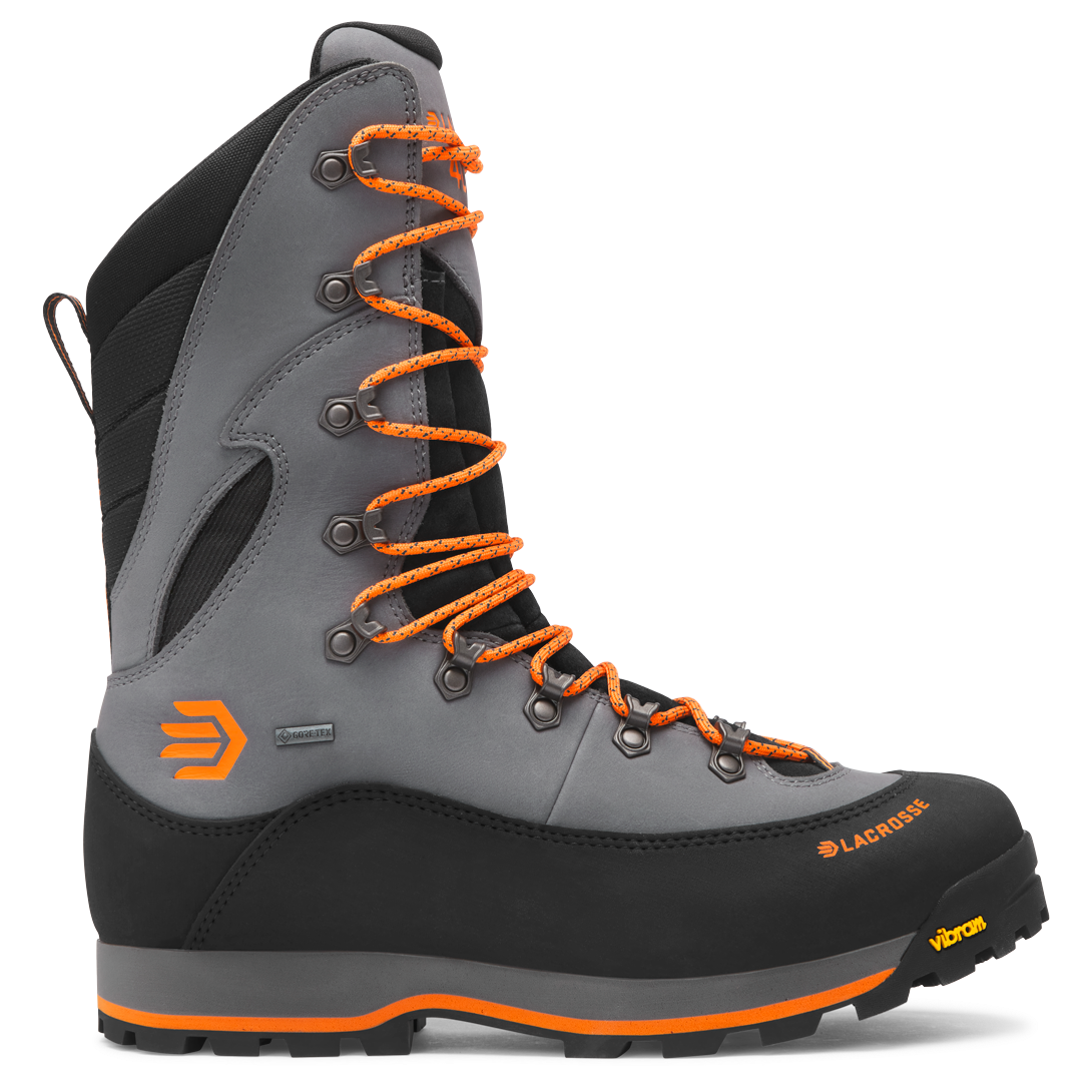 profile image of a grey hunting boot with an orange midsole.