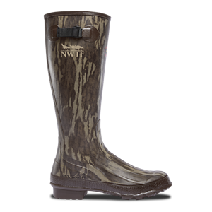 a gray boot with orange accents and a prominent LaCrosse logo on the side.