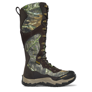 A 7 inch brown boot with gold accents and a black rubber rand