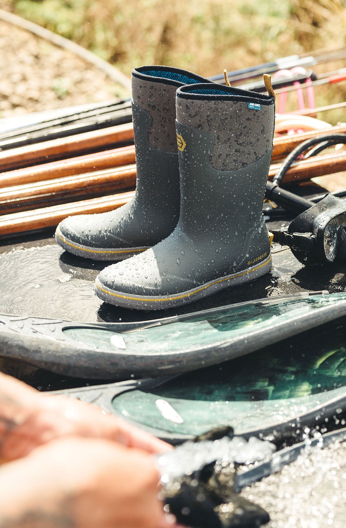 A rubber boot and other fishing gear