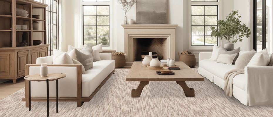 Living room scene with a black label custom rug