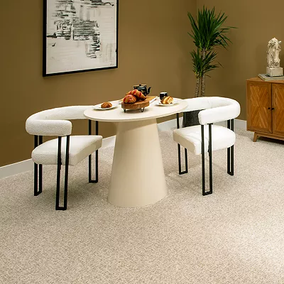 Living room with white carpet and yellowish brown walls