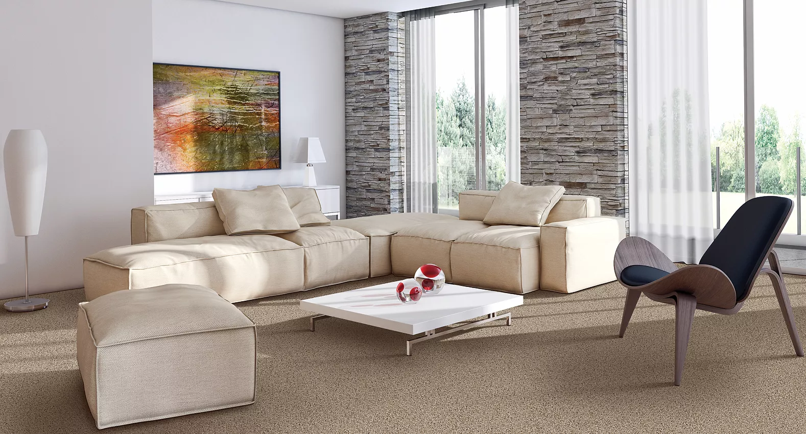 living room with light brown mohawk carpet