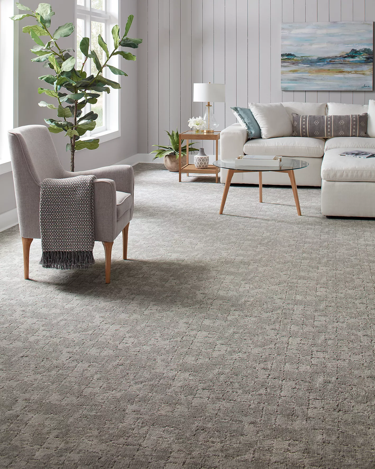 Living room with grey patterned carpeting