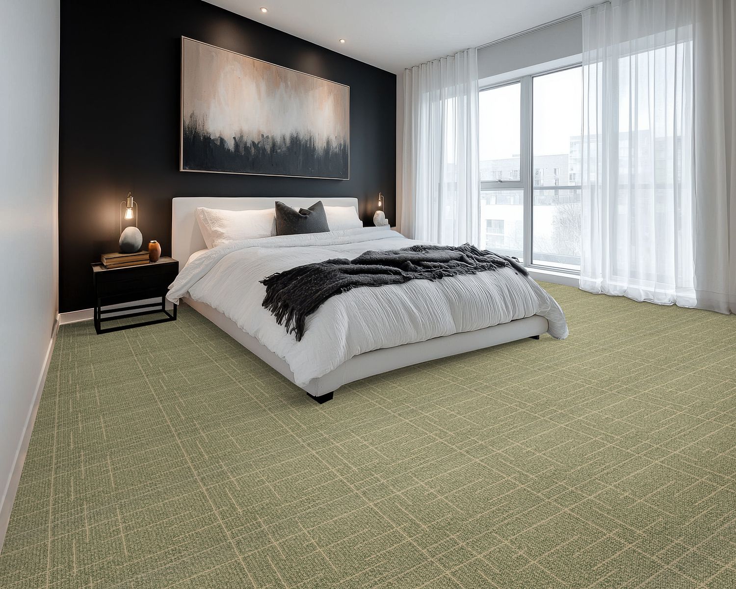 green carpet in bedroom