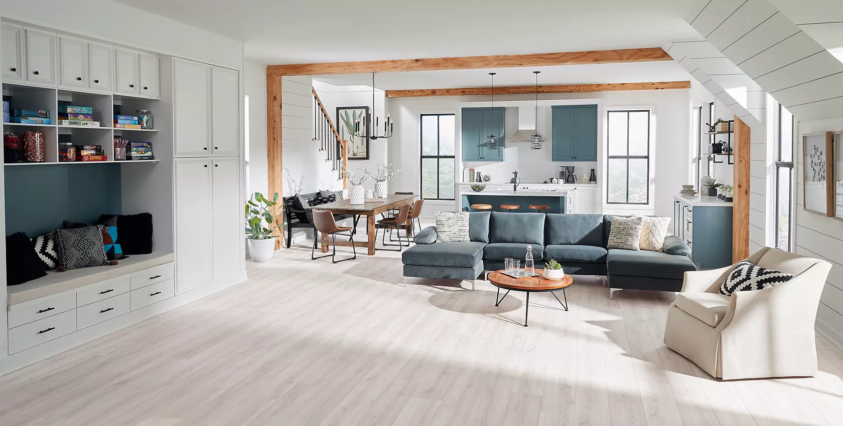 kitchen with white stools