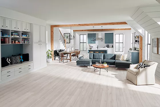 living room with a gray hardwood floor